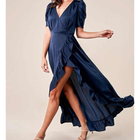 NEW navy maxi ruffle puff sleeve wrap dress XS - Picture 2 of 4